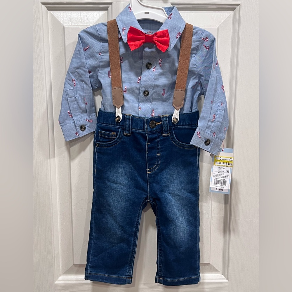 Cat & Jack Candy Cane Shirt, Red Bow Tie, Suspenders & Jeans Set NWT
